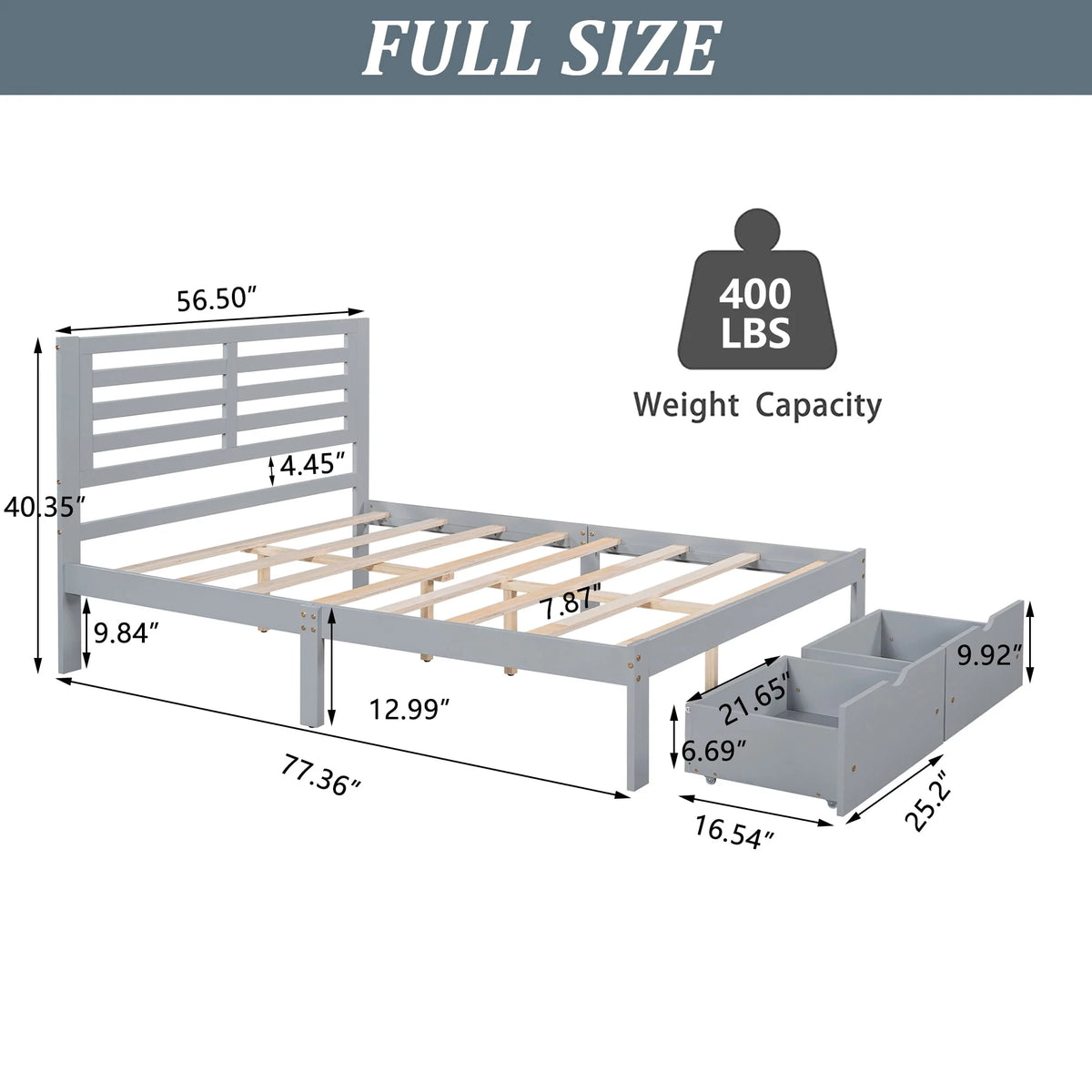 Gray Pine Wood Full Size Platform Bed Frame with Headboard and Drawers T7985