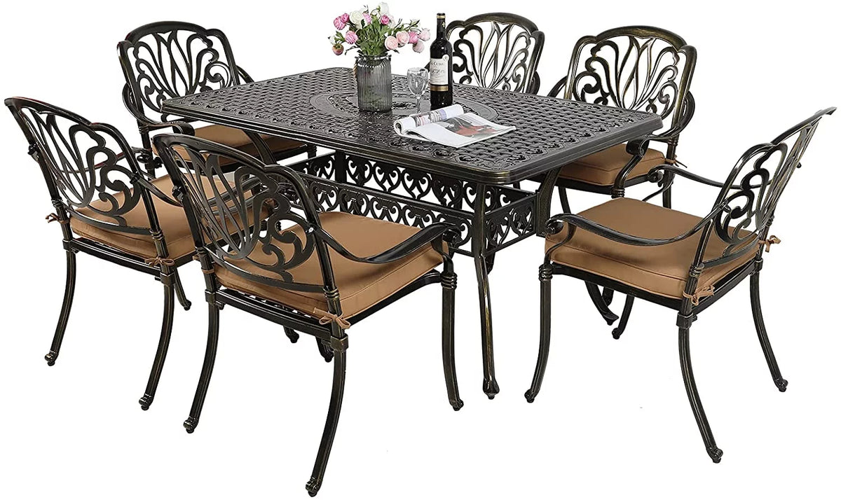 7 Piece Cast Aluminum Outdoor Dining Set with Cushioned Chairs Y11538