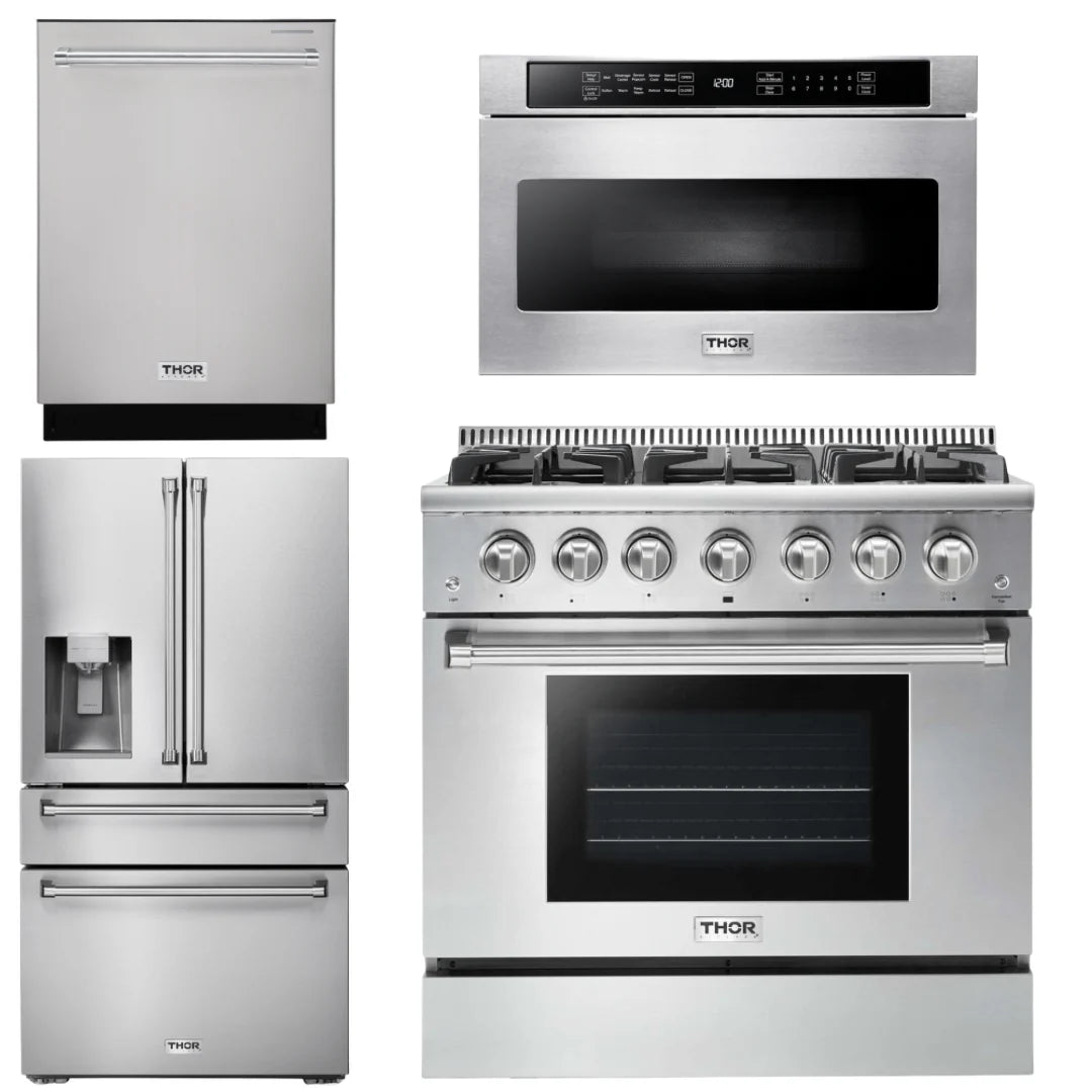 36 Propane Gas Range, Microwave, Refrigerator, Dishwasher F438