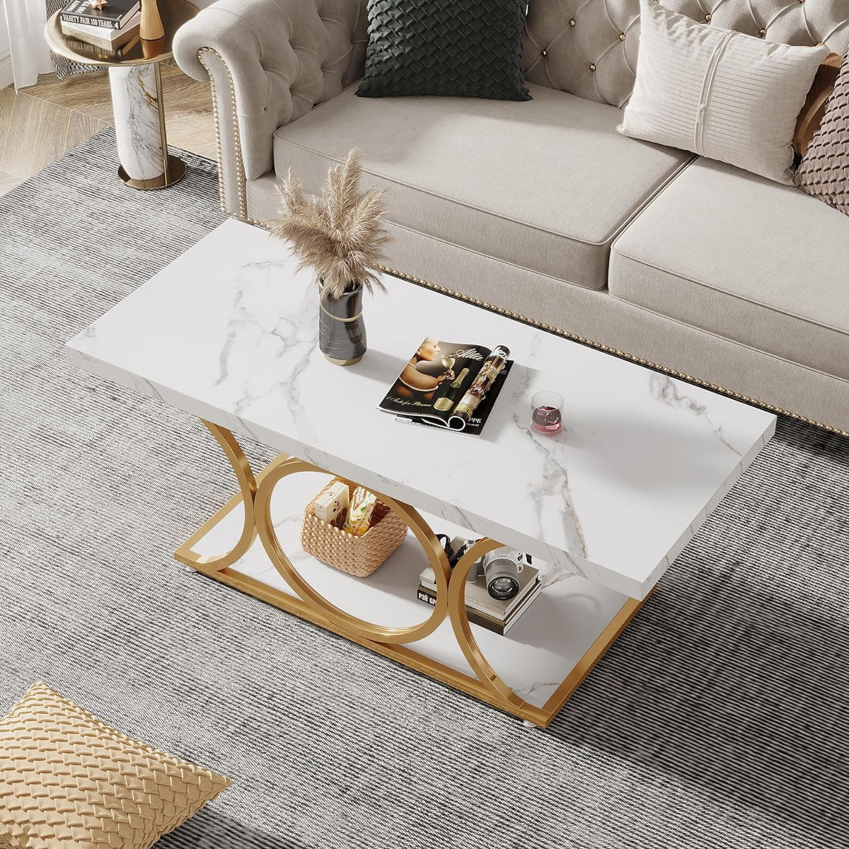 2-Tier Faux Marble Wood Coffee Table with Storage Shelf W84570