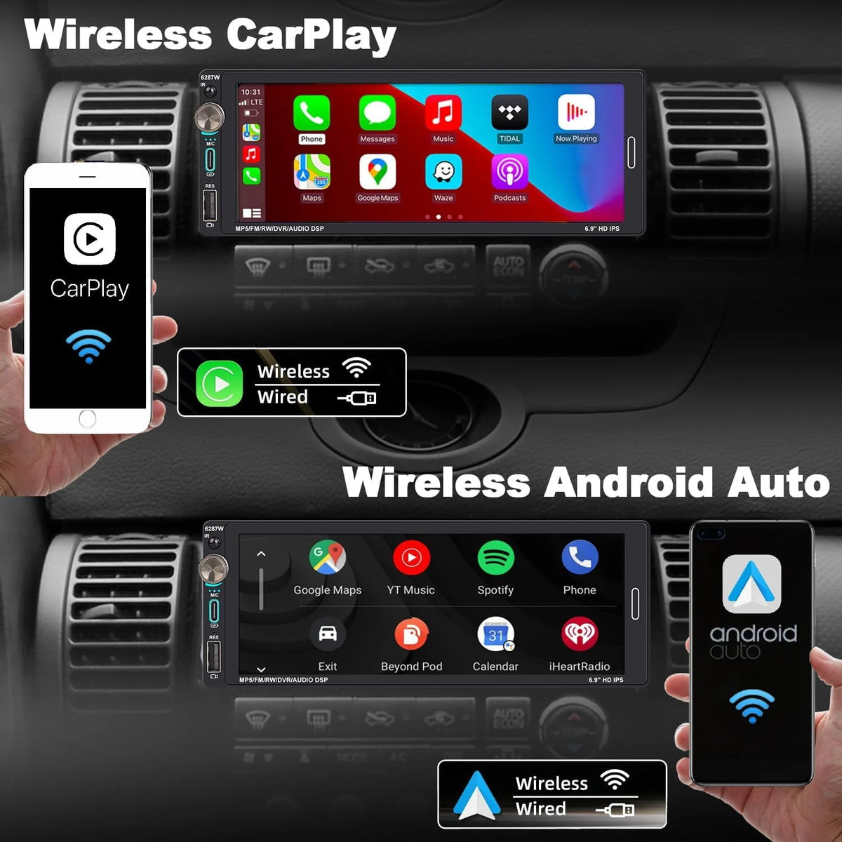 Single Din Car Stereo with Apple CarPlay Android Auto 6.9 inch Touchscreen Bluetooth P466