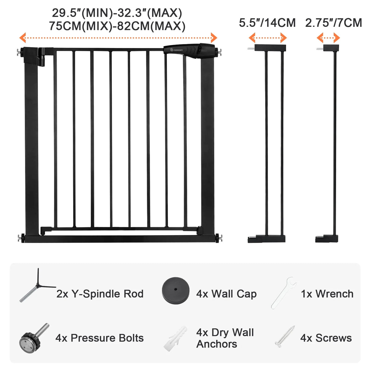 Baby Safety Gate, 29.5''- 40.5'' Wide Pressure Mount, Black Z797249
