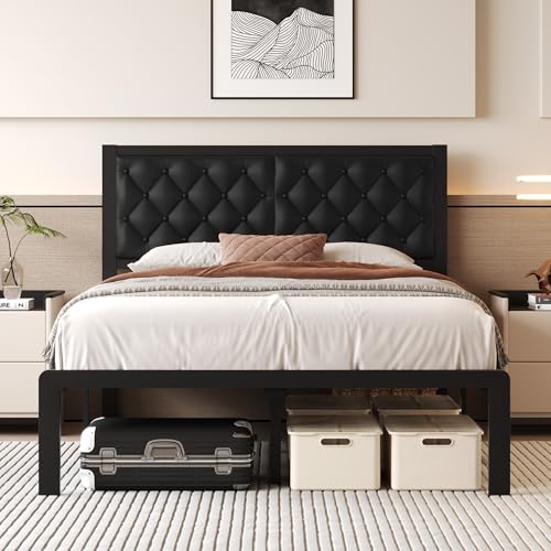 Queen Bed Frame with Headboard PU Leather Upholstered Platform Bed Frame with Storage Space Black N702741