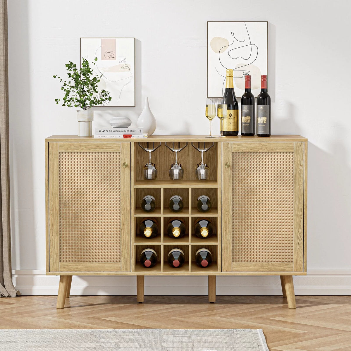 Oak Rattan Wine Bar Cabinet with Wine Rack and Glass Holder W714