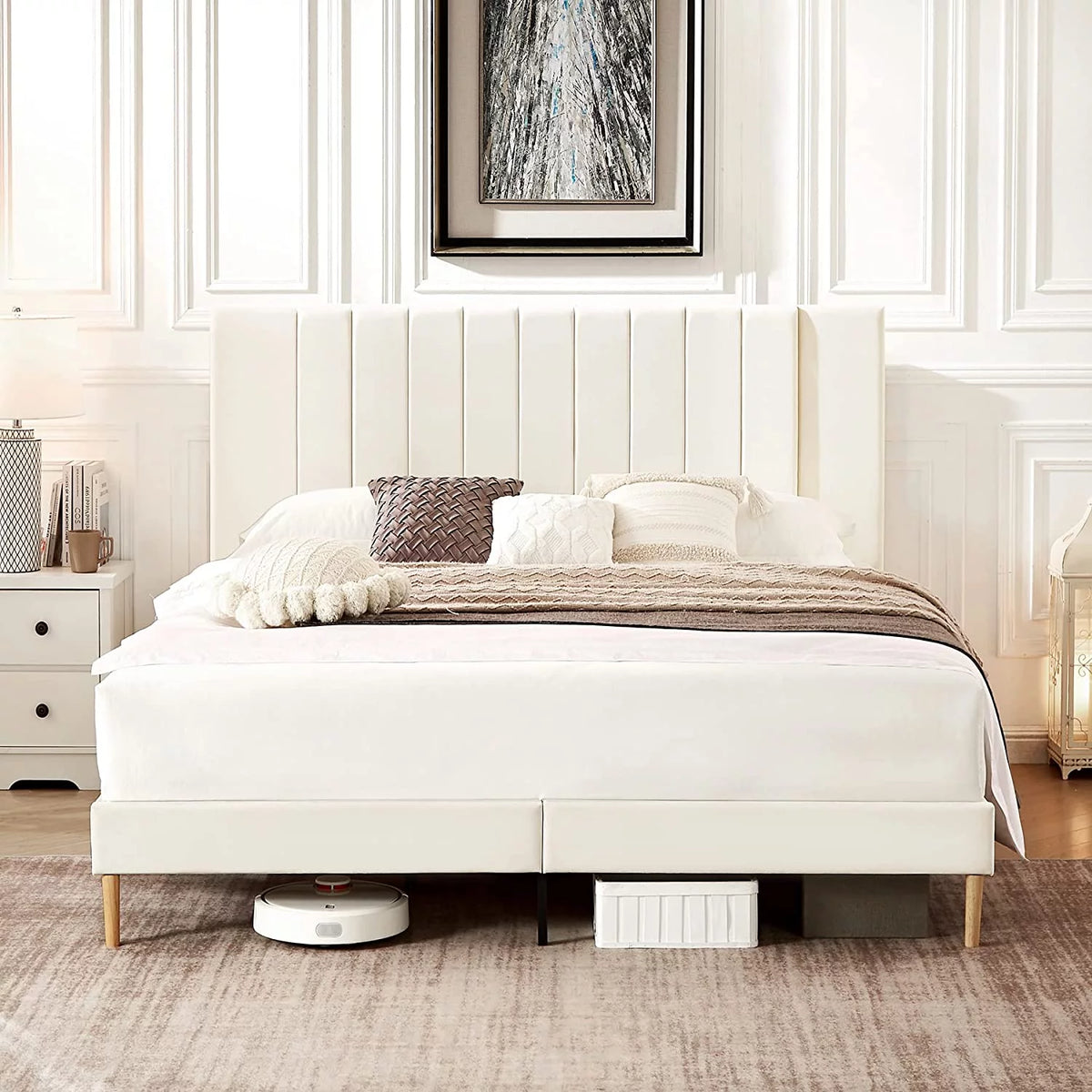 White Upholstered Full Size Bed Frame with High Headboard T47427